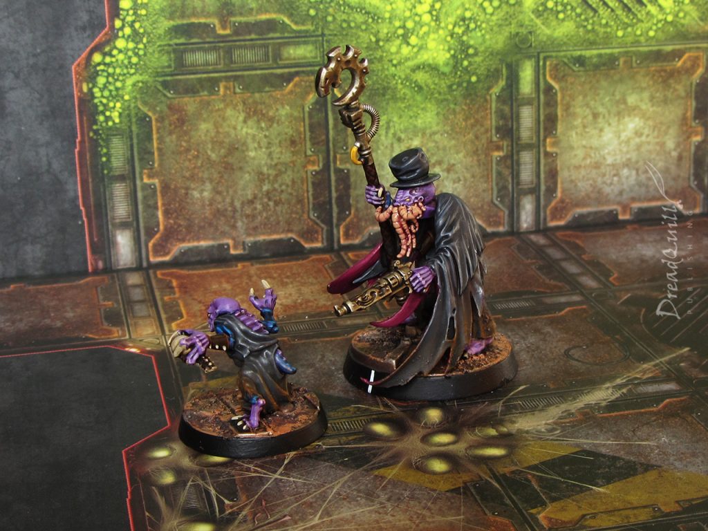 Cowboy genestealer cultist Adept in a dark black cloak, top hat, and tentacles that look like a moustache, accompanied by a familiar, as seen from the front left