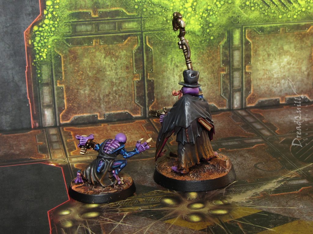 Cowboy genestealer cultist Adept in a dark black cloak, top hat, and tentacles that look like a moustache, accompanied by a familiar, as seen from the back