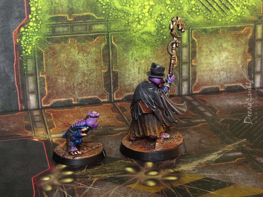 Cowboy genestealer cultist Adept in a dark black cloak, top hat, and tentacles that look like a moustache, accompanied by a familiar, as seen from the back left
