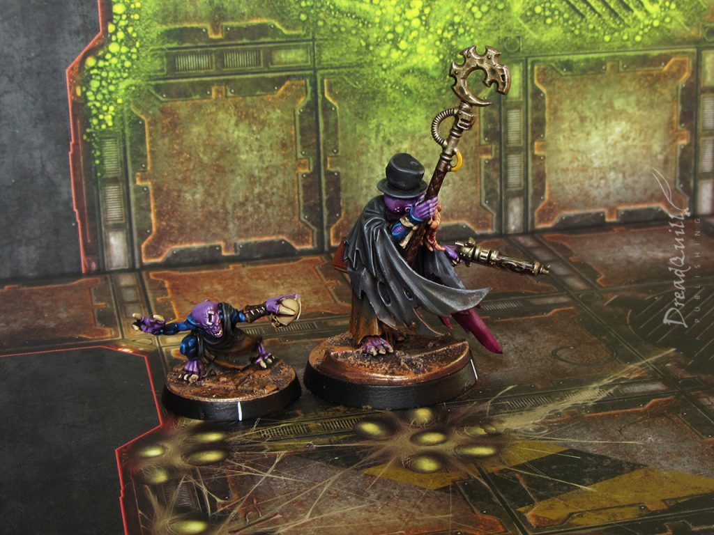 Cowboy genestealer cultist Adept in a dark black cloak, top hat, and tentacles that look like a moustache, accompanied by a familiar, as seen from the right