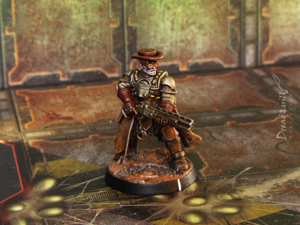 Cowboy genestealer cultist ganger with shotgun, as seen from the front right